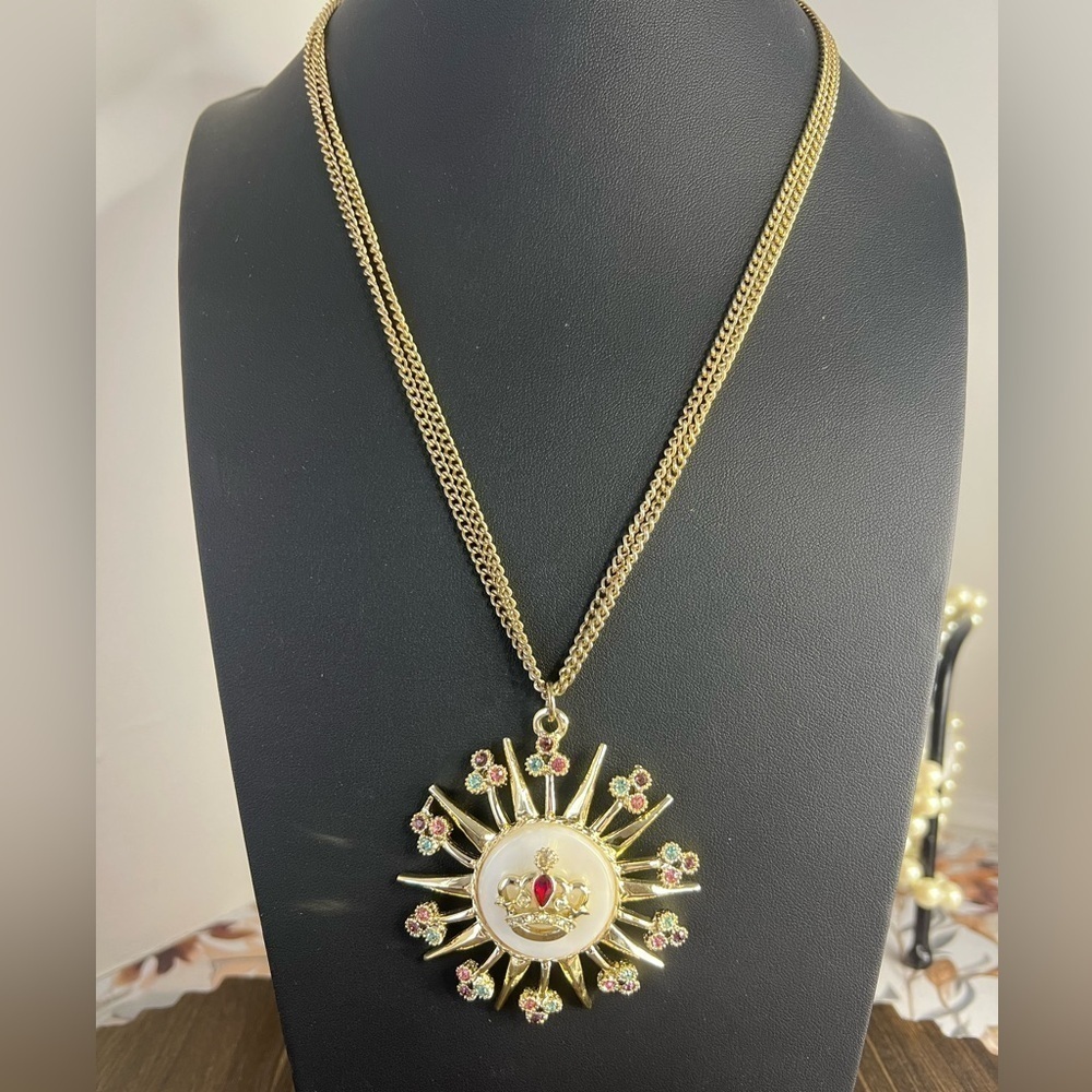 Vintage Runway Gold Tone Rhinestone Sunburst Statement Necklace 26” B19